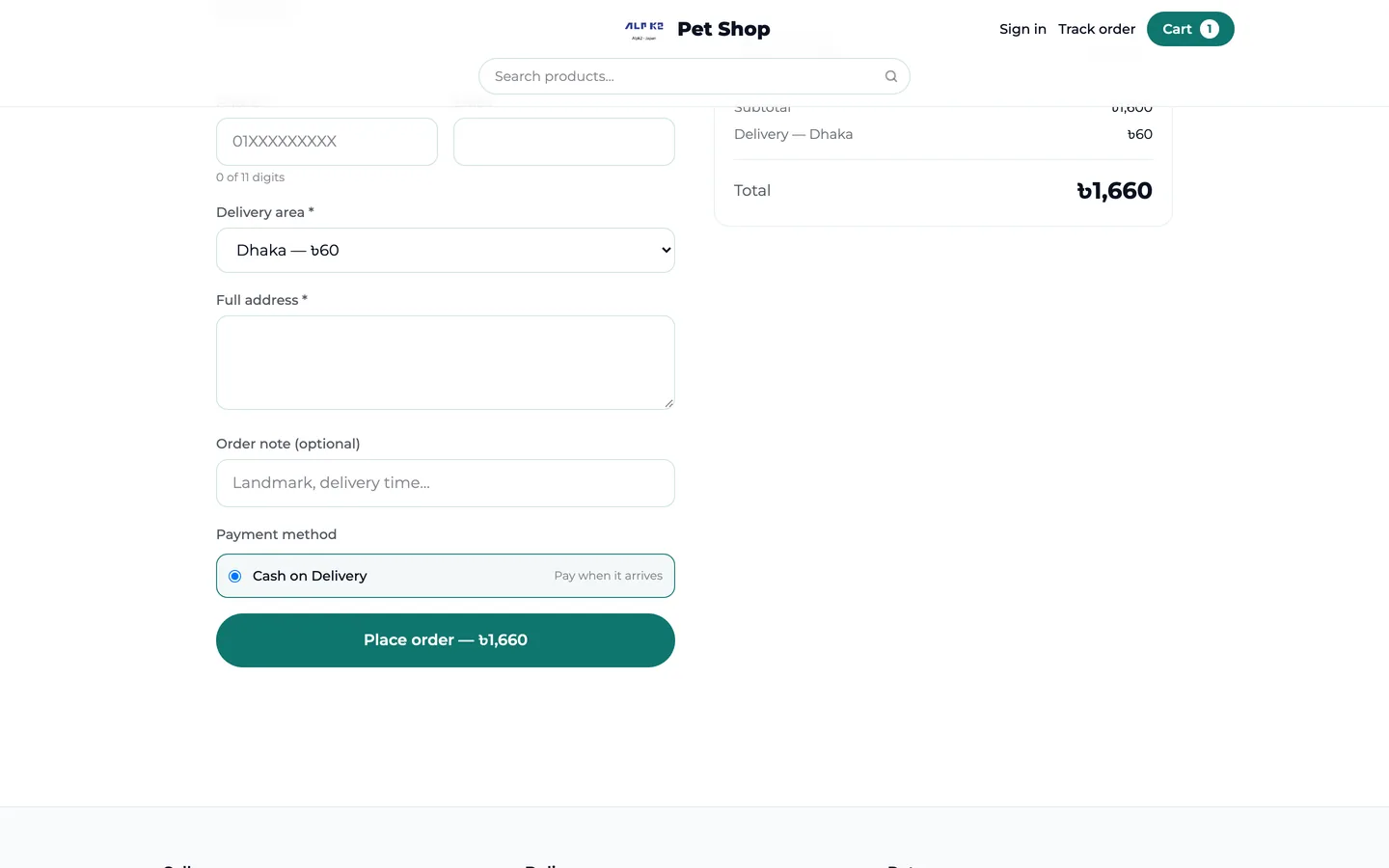 The checkout: name, phone and address, a delivery area with its charge in taka, and cash on delivery or bKash.