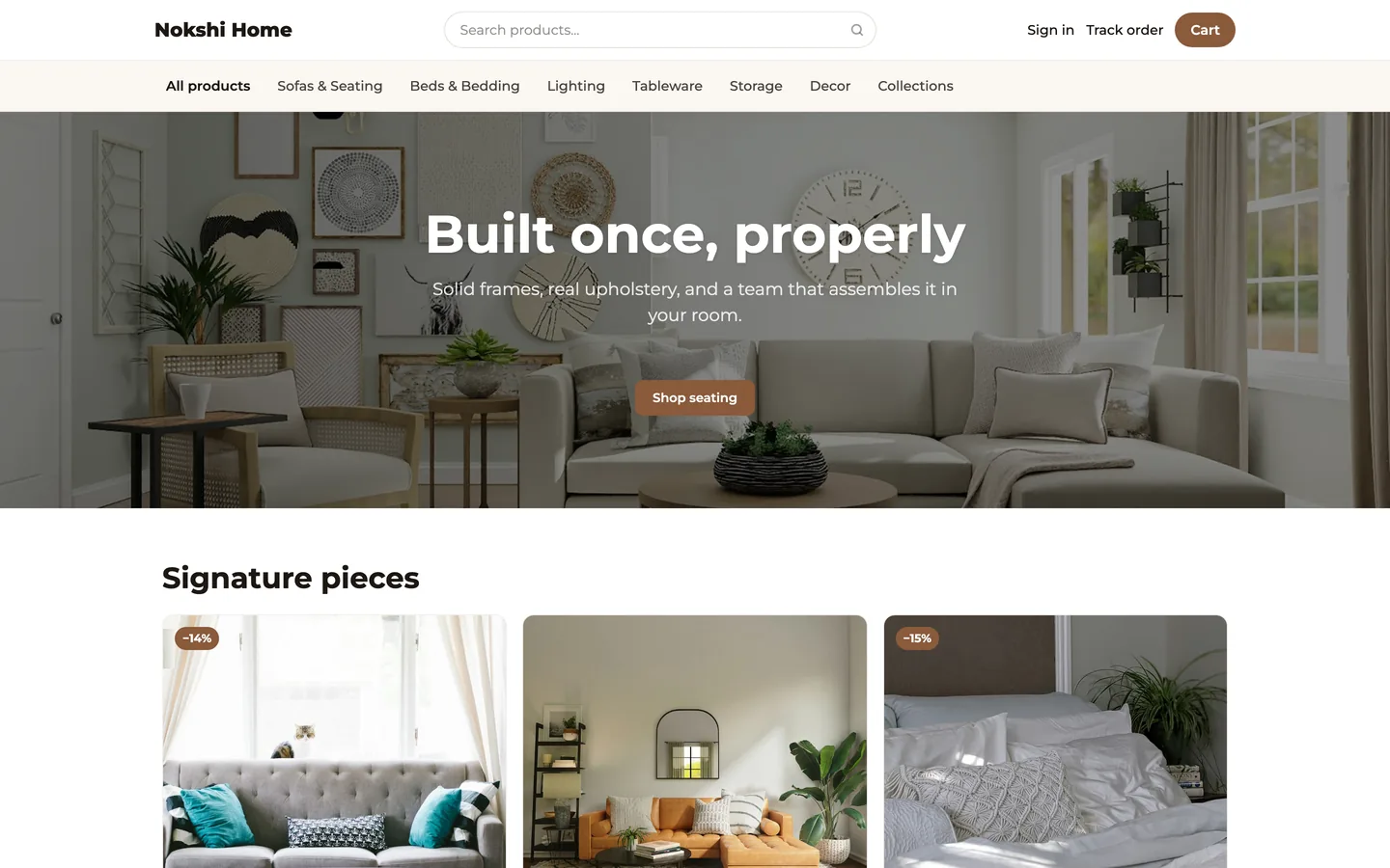 Nokshi Home, a furniture shop: a full-width photograph of a living room behind the headline, with signature pieces priced beneath it.