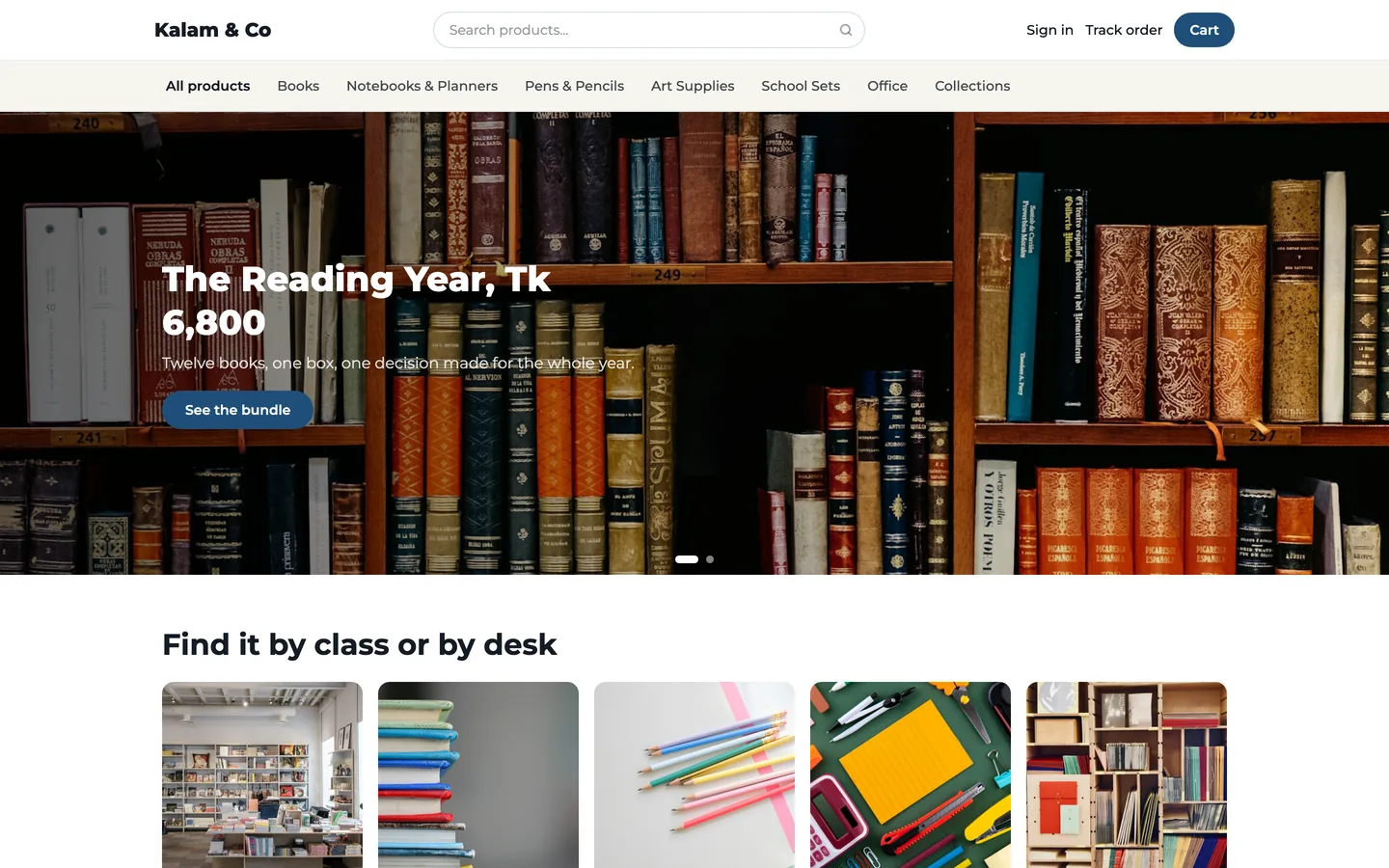Kalam & Co, a bookshop: a banner slider over category cards for books, notebooks, pens and school sets.