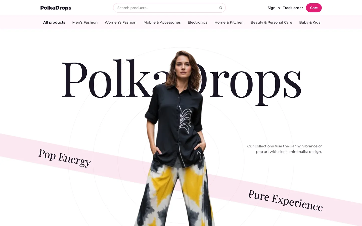 A shop running on Ezyshop: the shop name set large across the page, a photograph of a model beside it, the shop's own category menu across the header, and a search box and cart in the corner.